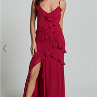 Showpo Nitha Maxi Dress - Asymmetrical Frill Thigh Split Dress