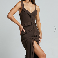 Showpo Nitha Maxi Dress - Asymmetrical Frill Thigh Split Dress