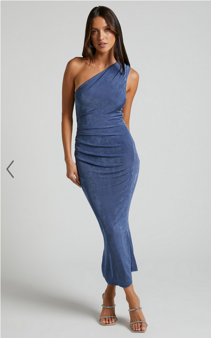 Showpo Arietty Midi Dress - One Shoulder Asymmetrical Ruched Dress