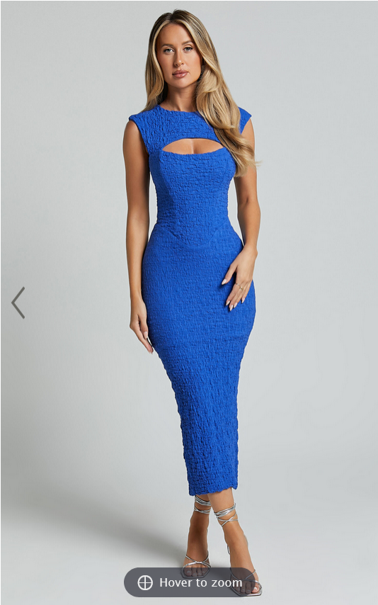 Showpo Alfie Midi Dress - High Neck Sleeveless Cut Out Front Dress in Cobalt Blue