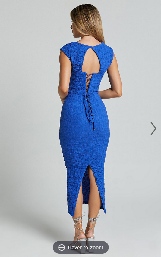 Showpo Alfie Midi Dress - High Neck Sleeveless Cut Out Front Dress in Cobalt Blue