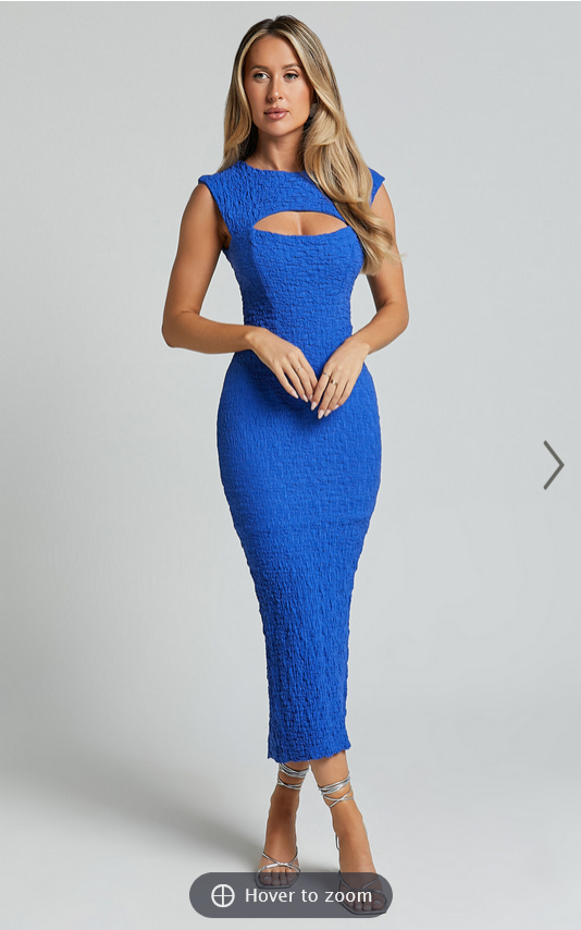 Showpo Alfie Midi Dress - High Neck Sleeveless Cut Out Front Dress in Cobalt Blue