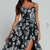 Showpo Nikky Midi Dress - Organza Full Skirt Dress in Black Floral