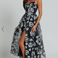 Showpo Nikky Midi Dress - Organza Full Skirt Dress in Black Floral