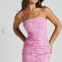 Showpo Kellie Mini Dress - Strappy Embroidered Lace Dress in Pink