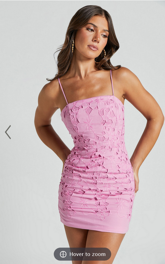 Showpo Kellie Mini Dress - Strappy Embroidered Lace Dress in Pink