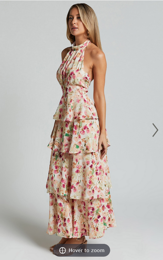 Showpo Cece Midi Dress - Halter Neck Layered Dress in Pink Floral