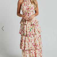 Showpo Cece Midi Dress - Halter Neck Layered Dress in Pink Floral