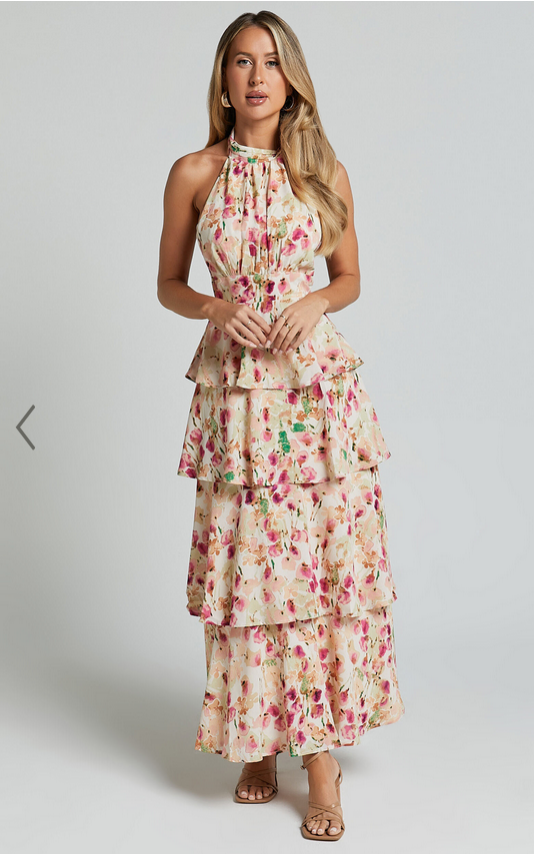 Showpo Cece Midi Dress - Halter Neck Layered Dress in Pink Floral