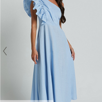 Showpo Dixie Midi Dress - Linen Look One Shoulder Ruffle Dress