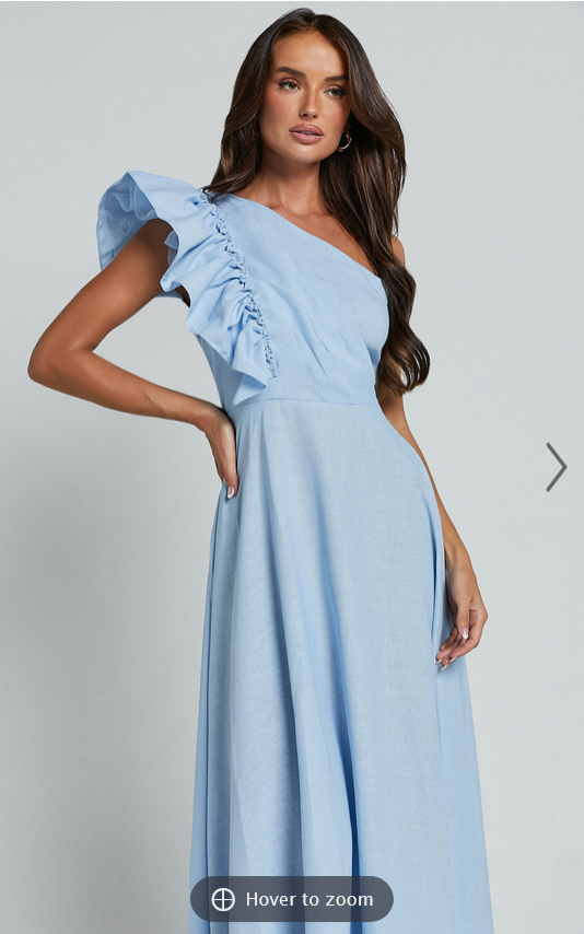 Showpo Dixie Midi Dress - Linen Look One Shoulder Ruffle Dress