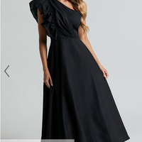 Showpo Dixie Midi Dress - Linen Look One Shoulder Ruffle Dress