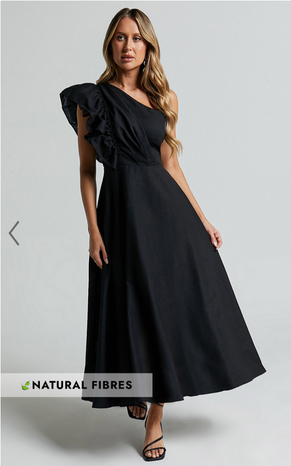 Showpo Dixie Midi Dress - Linen Look One Shoulder Ruffle Dress