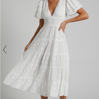 Showpo Divora Midi Dress - Plunge Balloon Sleeve Tiered Dress