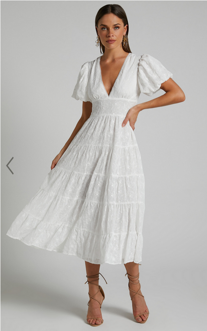 Showpo Divora Midi Dress - Plunge Balloon Sleeve Tiered Dress