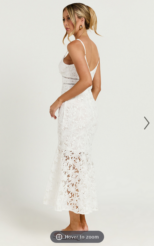 Showpo Aracely Midi Dress - Strappy Sweetheart Lace Mermaid Dress in White