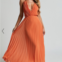 Showpo Brylee Midi Dress - Satin Pleated Wrap Dress in Orange