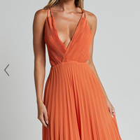 Showpo Brylee Midi Dress - Satin Pleated Wrap Dress in Orange