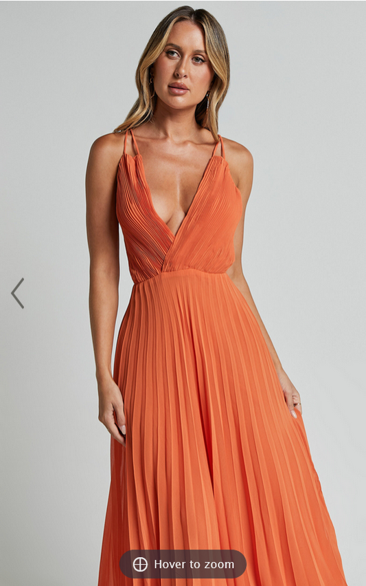 Showpo Brylee Midi Dress - Satin Pleated Wrap Dress in Orange