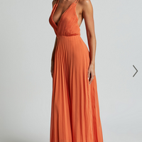 Showpo Brylee Midi Dress - Satin Pleated Wrap Dress in Orange