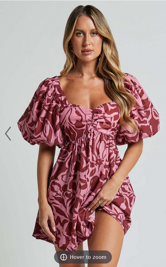 Showpo Lydie Mini Dress - Sweetheart Short Balloon Sleeve Ruched Bodice Dress in Whirlwind Floral Print