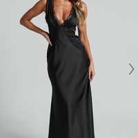 Showpo Chrissie Maxi Dress - Lace Detail Plunge Dress in Black