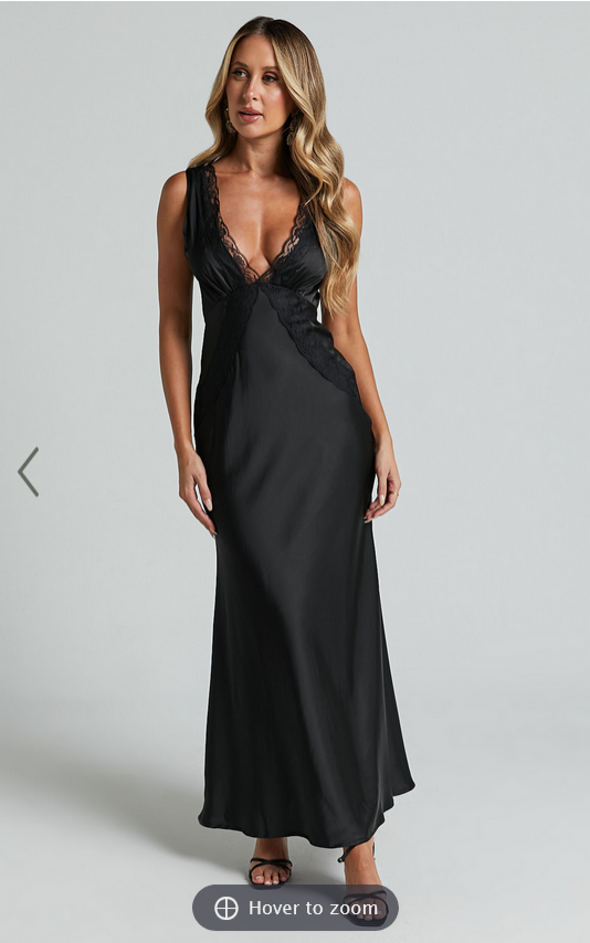 Showpo Chrissie Maxi Dress - Lace Detail Plunge Dress in Black