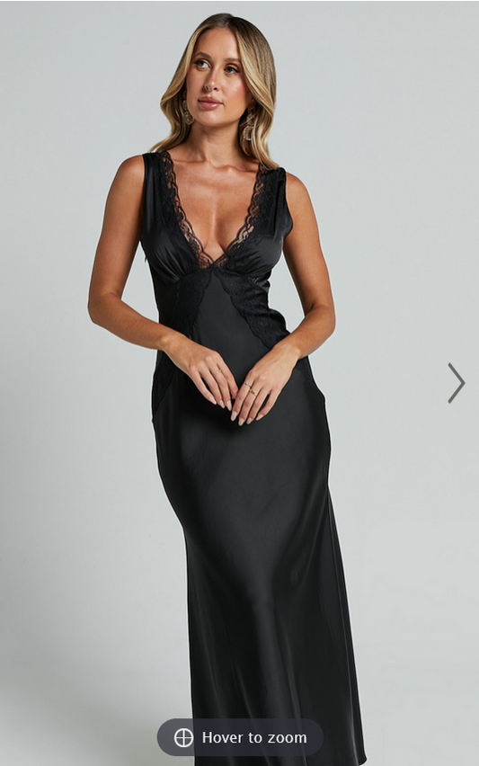 Showpo Chrissie Maxi Dress - Lace Detail Plunge Dress in Black