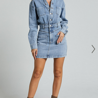 Showpo Kamala Mini Dress - Long Sleeve Button Through Denim Dress in Light Blue Wash