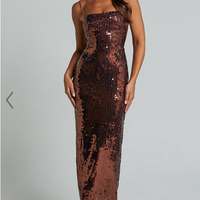 Showpo Dorice Midi Dress - Strappy Straight Neck Square Sequin Dress in Chocolate