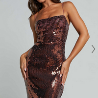 Showpo Dorice Midi Dress - Strappy Straight Neck Square Sequin Dress in Chocolate