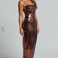 Showpo Dorice Midi Dress - Strappy Straight Neck Square Sequin Dress in Chocolate