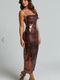 Showpo Dorice Midi Dress - Strappy Straight Neck Square Sequin Dress in Chocolate