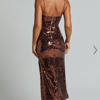 Showpo Dorice Midi Dress - Strappy Straight Neck Square Sequin Dress in Chocolate