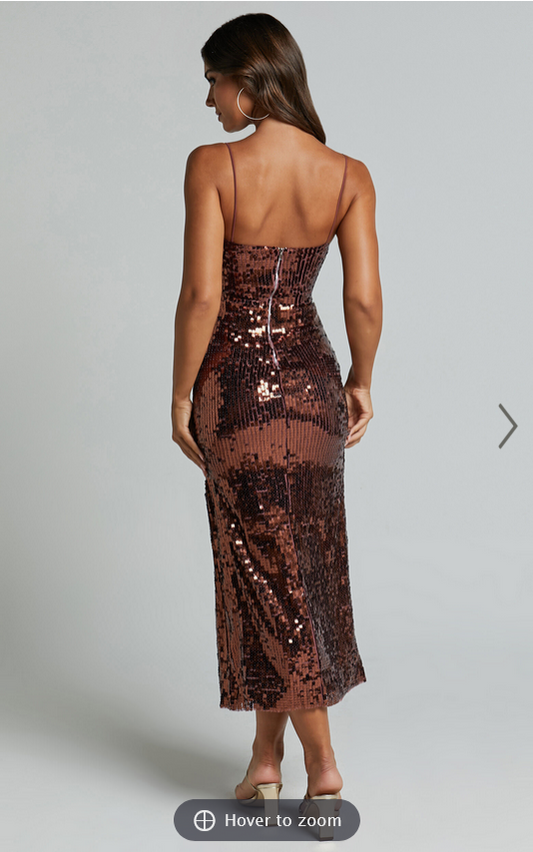 Showpo Dorice Midi Dress - Strappy Straight Neck Square Sequin Dress in Chocolate