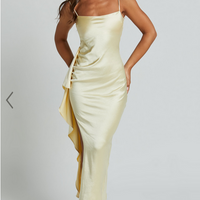 Showpo Carolina Maxi Dress - Frill Detail Satin Square Neck Dress in Lemon