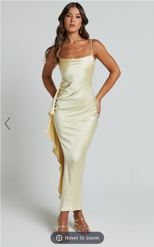 Showpo Carolina Maxi Dress - Frill Detail Satin Square Neck Dress in Lemon