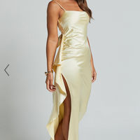 Showpo Carolina Maxi Dress - Frill Detail Satin Square Neck Dress in Lemon