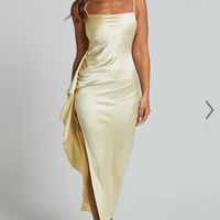 Showpo Carolina Maxi Dress - Frill Detail Satin Square Neck Dress in Lemon