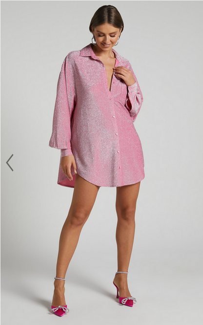 Showpo Ruri Mini Dress - Sparkly Oversized Shirt Dress