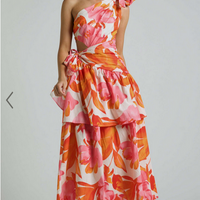 Showpo Honolulu Midi Dress - One Shoulder Tiered Dress in Orange Floral