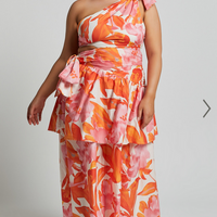 Showpo Honolulu Midi Dress - One Shoulder Tiered Dress in Orange Floral