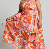 Showpo Honolulu Midi Dress - One Shoulder Tiered Dress in Orange Floral