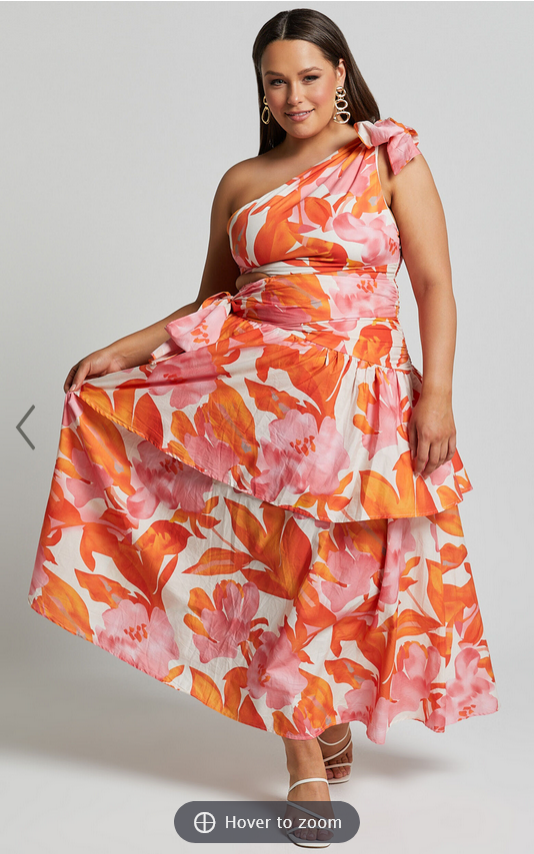 Showpo Honolulu Midi Dress - One Shoulder Tiered Dress in Orange Floral