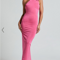 Showpo Alvera Maxi Dress - Rosette Neck Tie Detail Ruched Dress in Pink