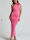 Showpo Alvera Maxi Dress - Rosette Neck Tie Detail Ruched Dress in Pink