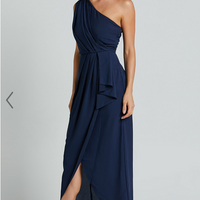 Showpo Namaari Midi Dress - Faux Wrap One Shoulder Dress in Navy