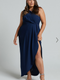 Showpo Namaari Midi Dress - Faux Wrap One Shoulder Dress in Navy