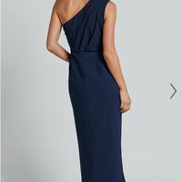 Showpo Namaari Midi Dress - Faux Wrap One Shoulder Dress in Navy