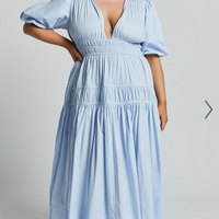 Showpo Mellie Midi Dress - Puff Sleeve Plunge Tiered Dress